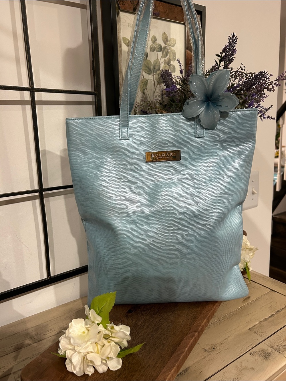 Bulgari Light Blue Floral Charm Tote